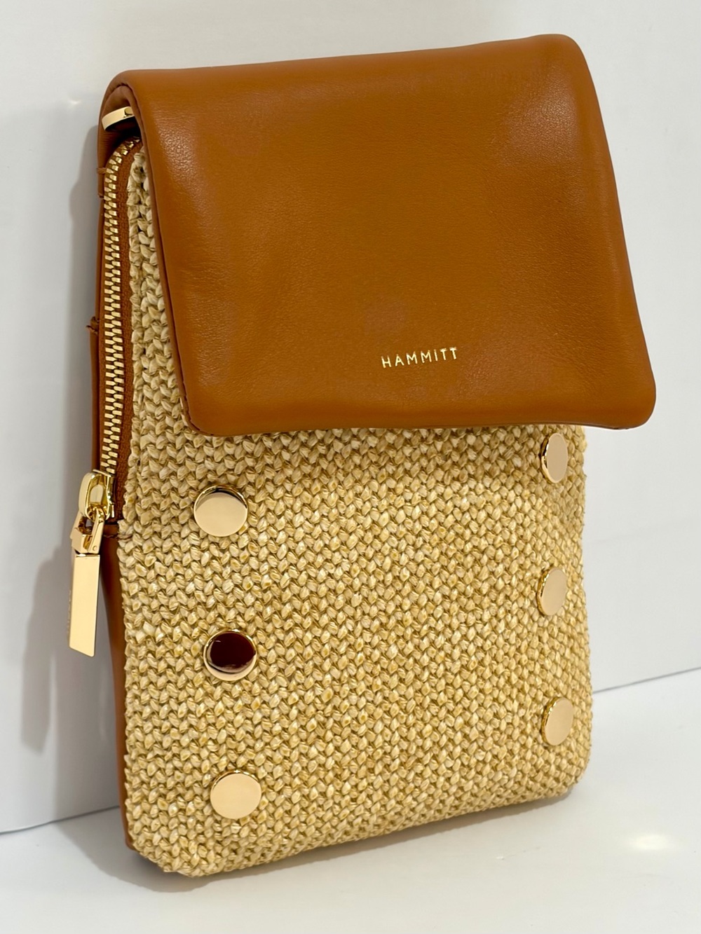 Hammitt VIP Mobile Crossbody Bag In Cocoa Raffia With Shiny Gold Hardware NWOT - Picture 10 of 15